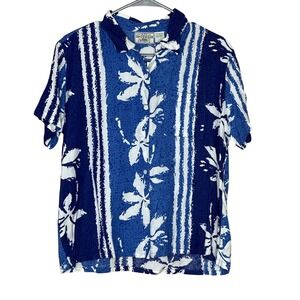 AJS‎ Denimwear Floral Hawaiian Shirt - Blue White Striped Resort Top Size L VTG